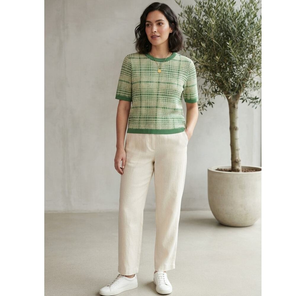 COS Green Grid Short Sleeve Knit Sweater Top Geometric Retro Minimalist Sz S EUC
